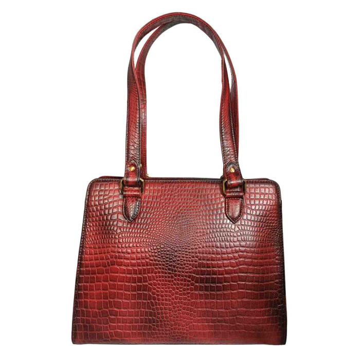 Women's Genuine Leather Handbag – Classic Crocodile-Embossed Shoulder Bag | Elegant Tote with Multi-Pocket Organizer (Maroon) - Maroon
